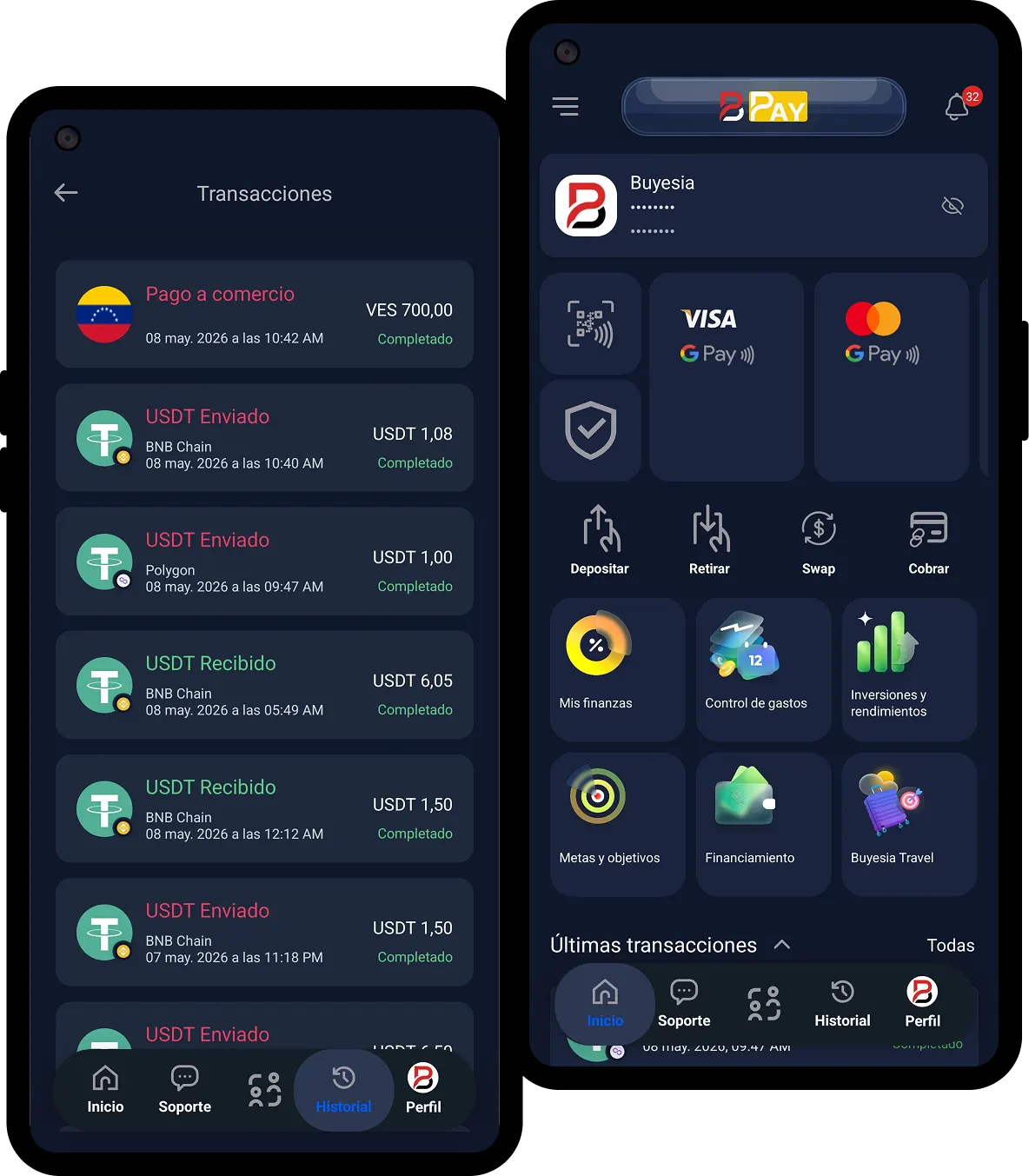 Pantallas de Buyesia con billetera digital, pagos y servicios integrados